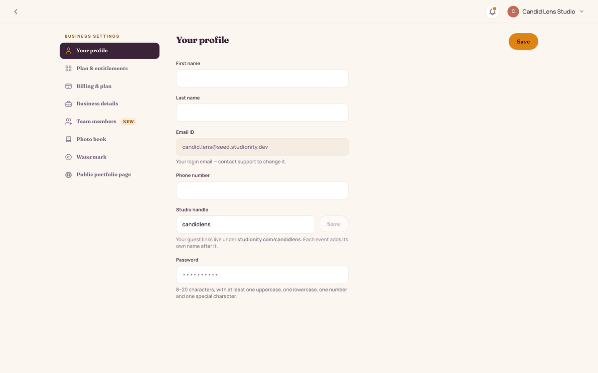 Account settings: studio profile, the three spaces (Share, Edit, Events), a 412-credit wallet with billing ledger, studio branding and download watermark, and scoped team access