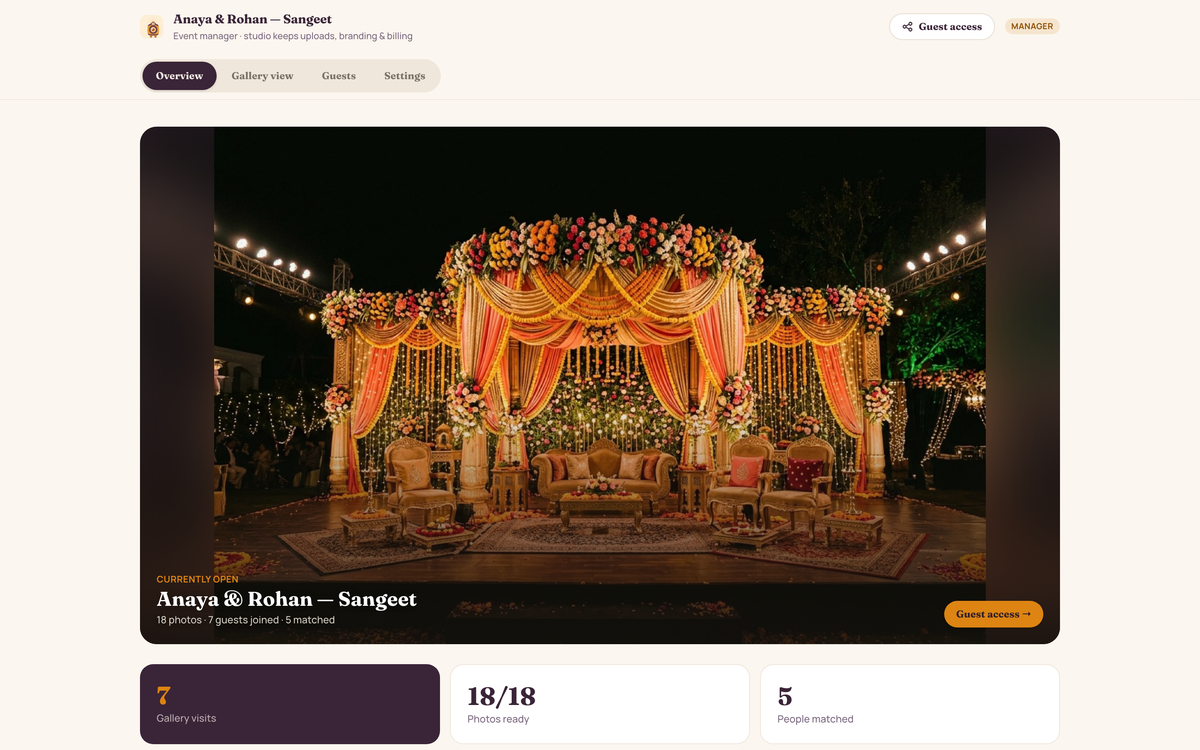 Client family portal: RSVP tally, review reels that need approval, a strip of highlight photos and a direct line to the studio
