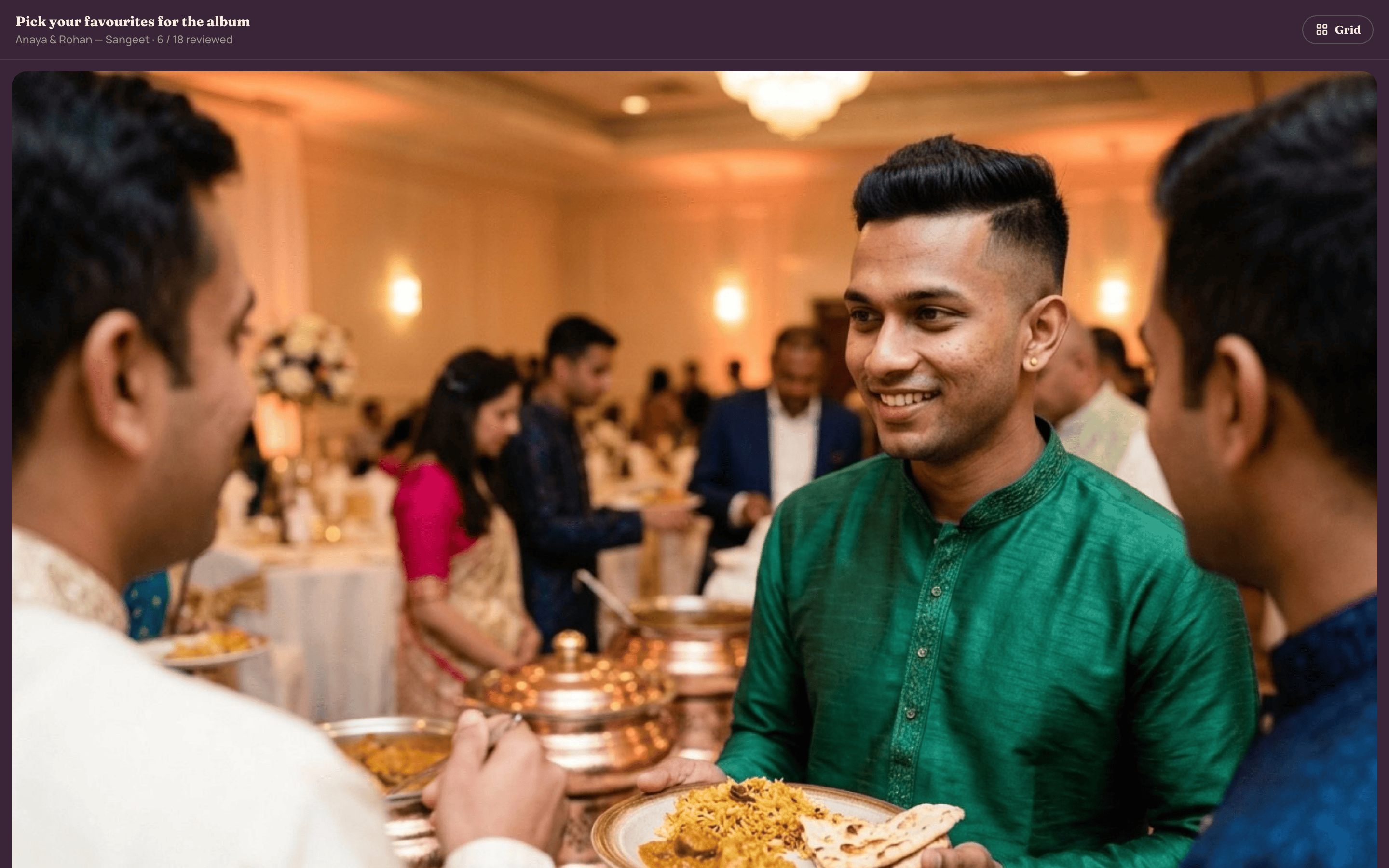 Client review reel: a pick-your-favourites flow with approve and skip, a progress bar, and a strip of approved picks feeding the photo book