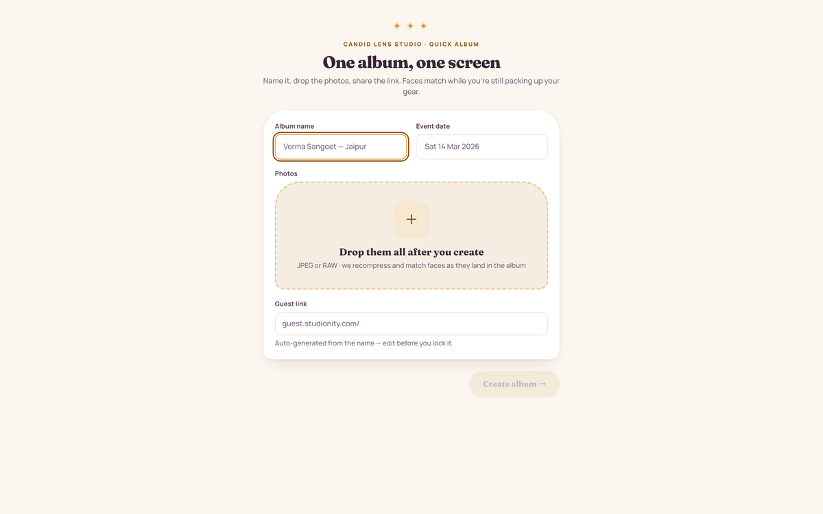 Quick album flow: single screen to name the album, set the event date, drop photos, and copy the auto-generated guest link with QR before locking it