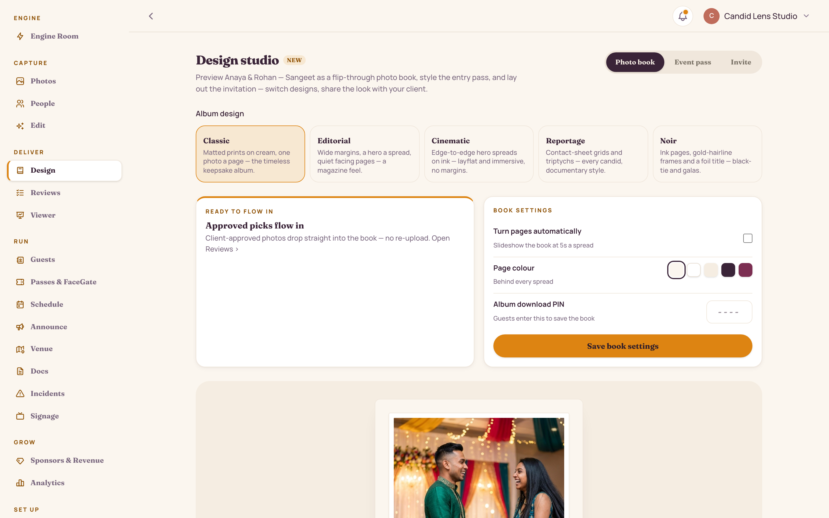 Design studio: invite template picker showing three moods — Marigold Garland, Modern Plum and Gold Leaf — with the same guest names