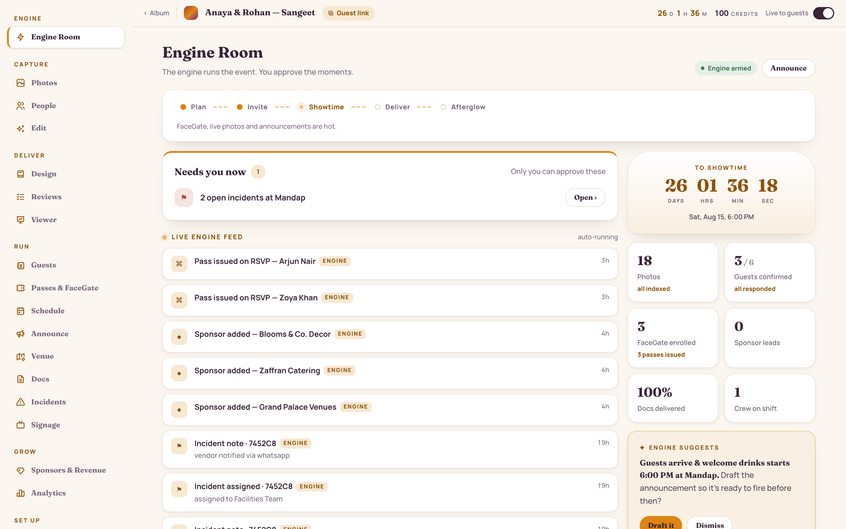 Engine Room event overview — countdown, status snapshot and links into every module