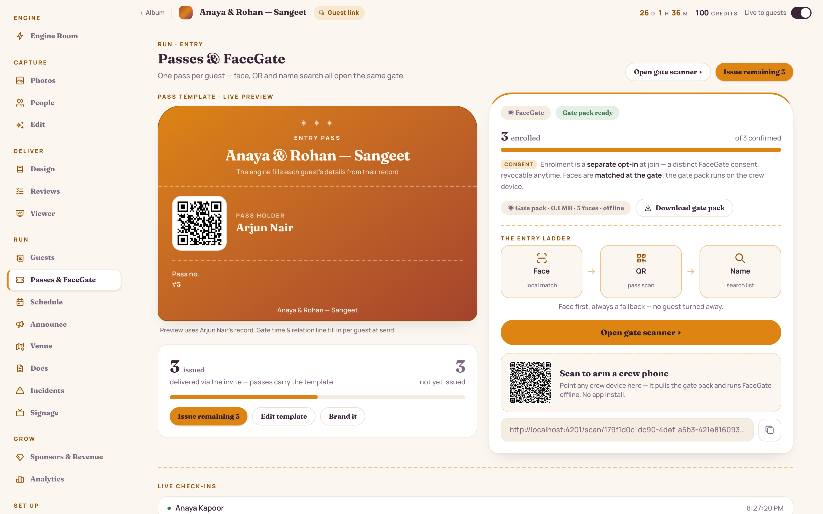 Passes and FaceGate: digital QR pass design and gate-device pairing for entry