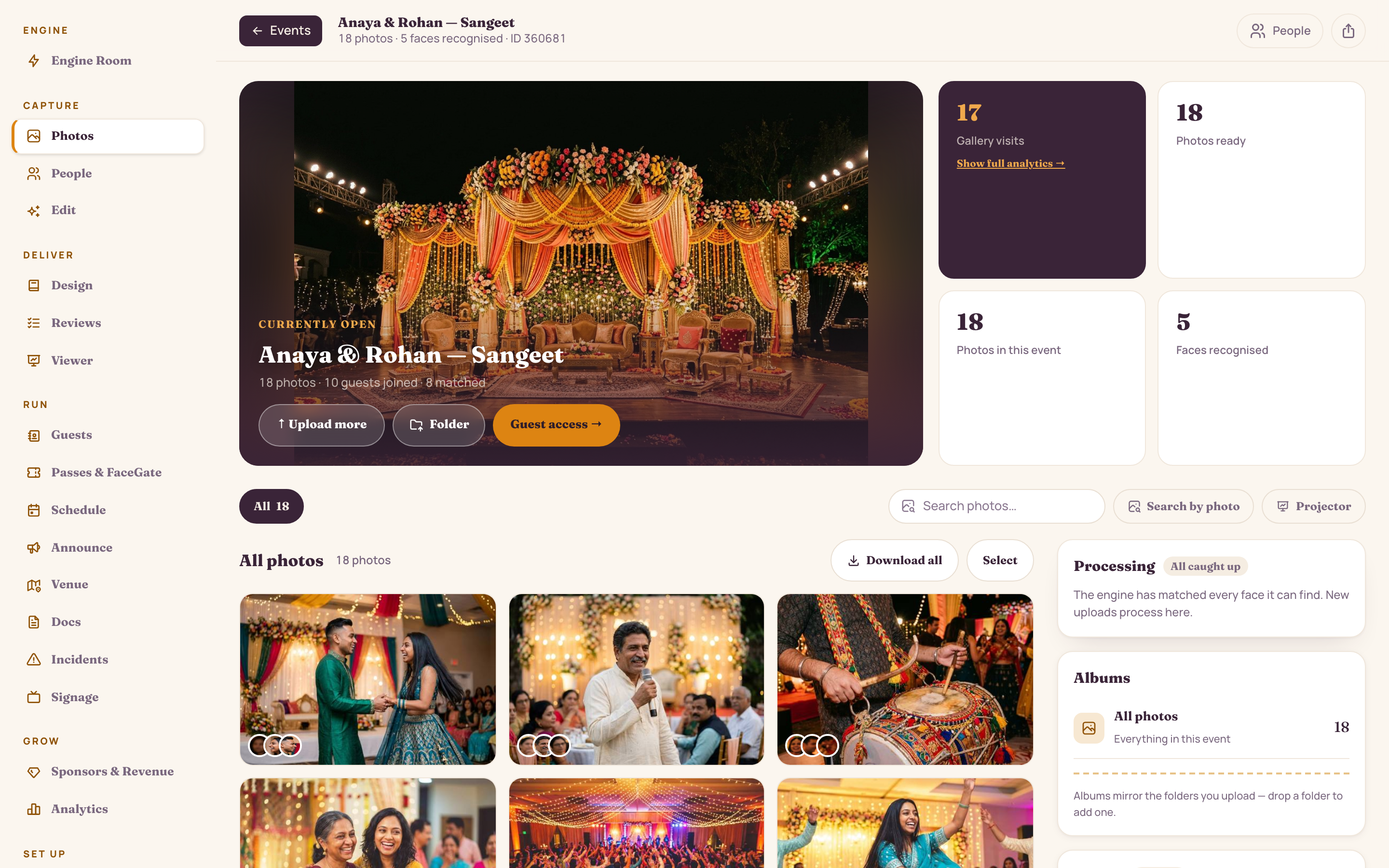 Photo library: 1,284 photos across albums with a live face-matching queue and album organizer