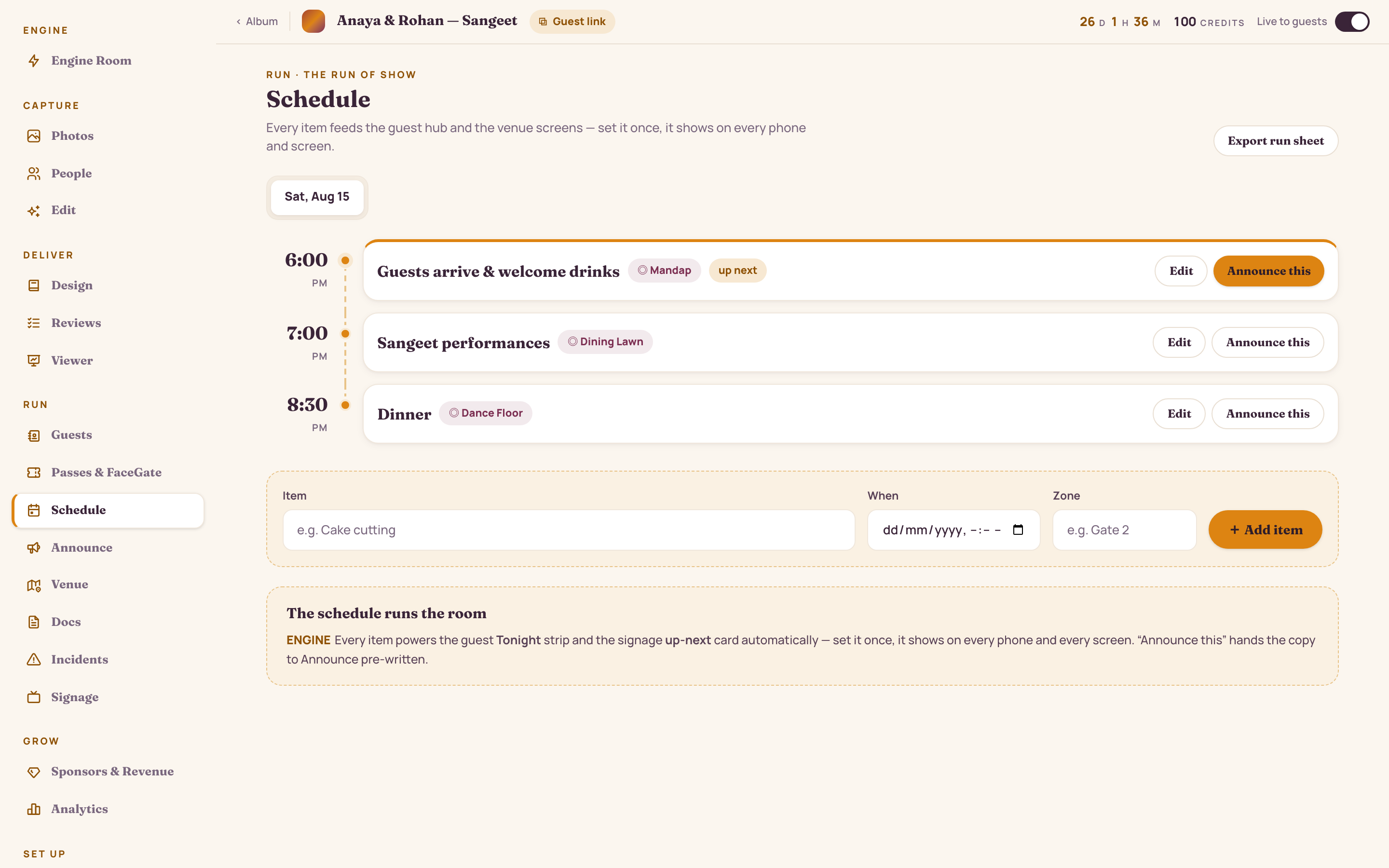 Schedule view: a run-of-show timeline of the night's moments, each pinned to a zone and able to draft its own announcement