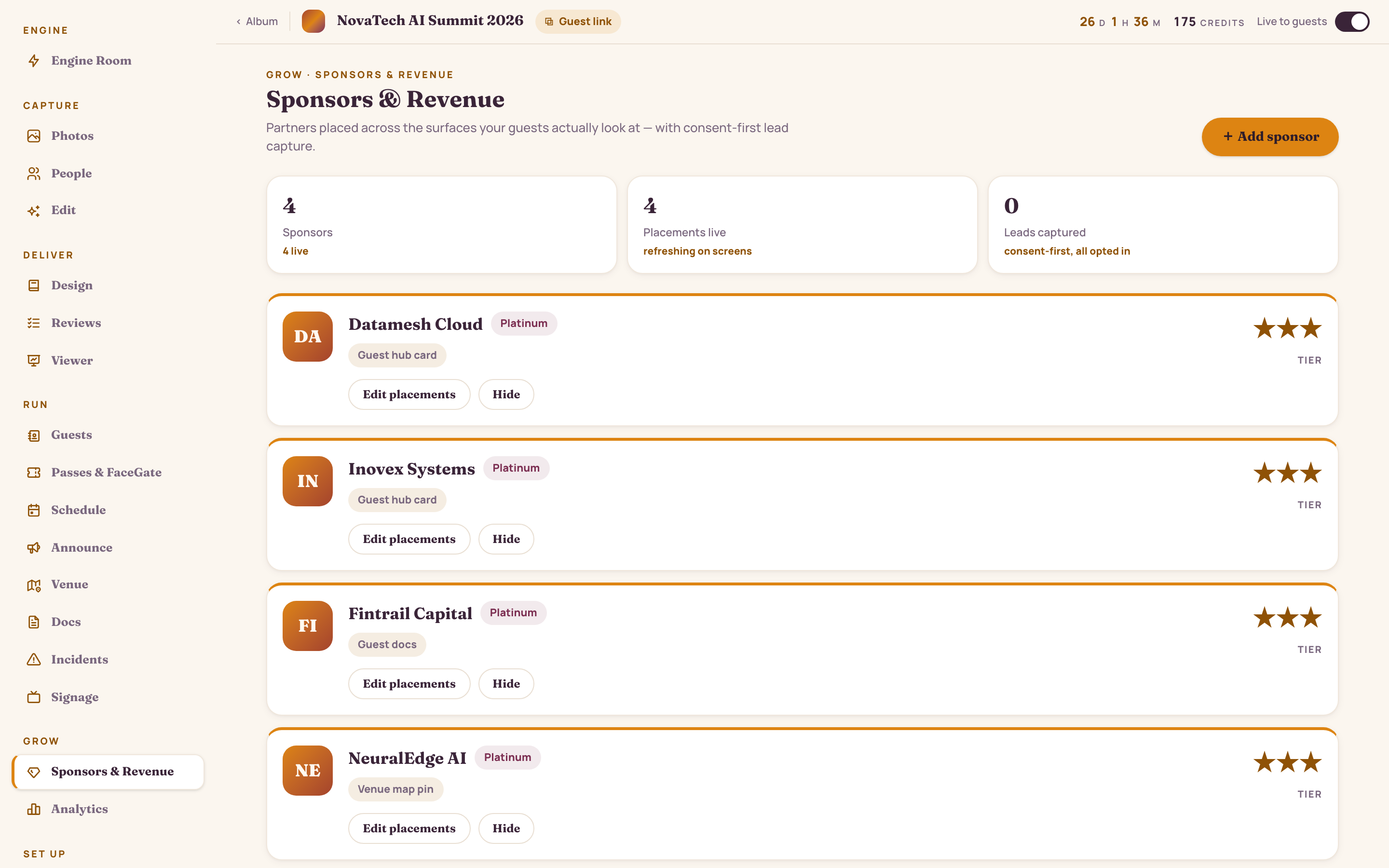 Sponsors & Revenue console: sponsor placements, views, leads captured and estimated revenue