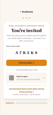 Guest entry screen on a phone: 'You're invited', a box to enter the invite code, a 'Find my event' button, a scan-the-QR option, and a 'just browsing?' view-without-joining link