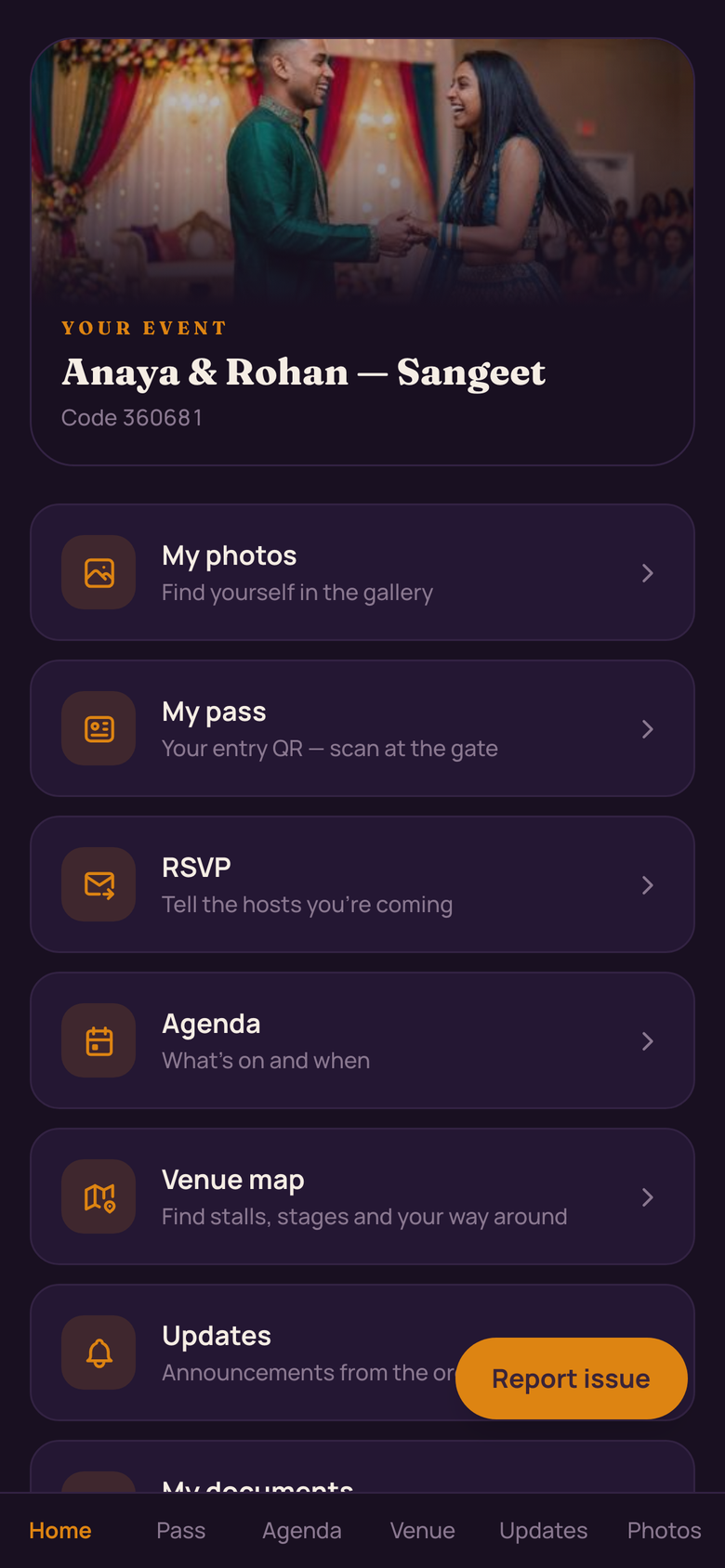 Guest 'Tonight' home on a phone: a greeting by name, event date and venue, 'walk in with just your face — enrolled', an entry pass number, a photos-of-you count, and tiles for venue map, documents, connect and updates