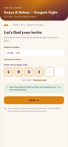 Guest join step one on a phone: 'Let's find your invite', mobile-number field with a use-email-instead option, a six-digit OTP entry, and a note that once verified you're remembered with no new selfie needed