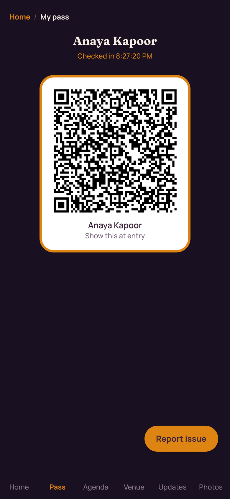 Guest digital pass on a phone: name, 'admit one' QR ticket with a pass number, gate opening time, seat and dinner, Apple Wallet and Google Wallet buttons, and 'or just walk in — your face is your pass'