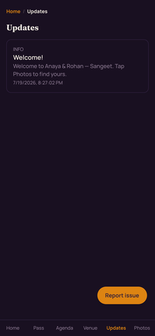 Guest updates on a phone: an announcements feed straight from the hosts with time stamps and a 'your photos are live' note, plus a reminder that announcements come from the hosts with no spam