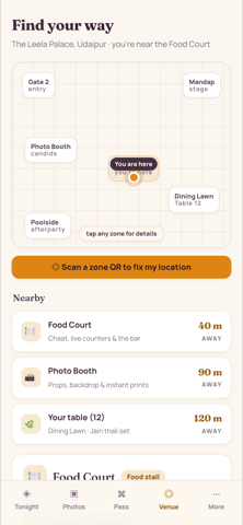 Guest venue view on a phone: a zone map with a 'you are here' marker, a nearby list showing the food court, photo booth and the guest's table with distances, and a 'scan a zone QR to fix my location' option