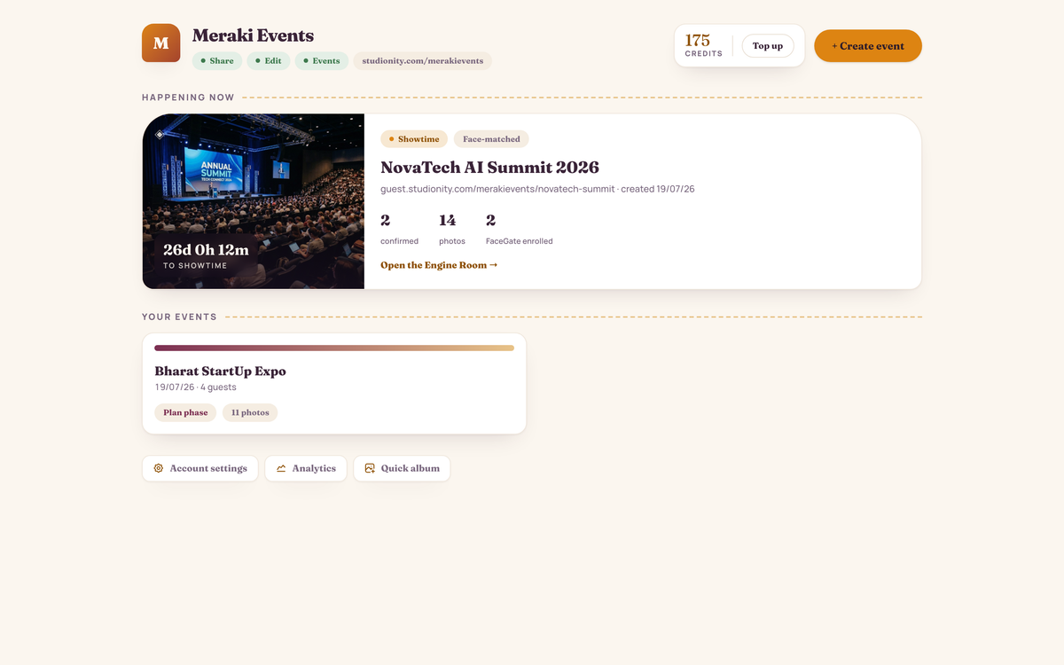 Studio home for an events-only manager persona (Meraki Events): ops-scoped event list
