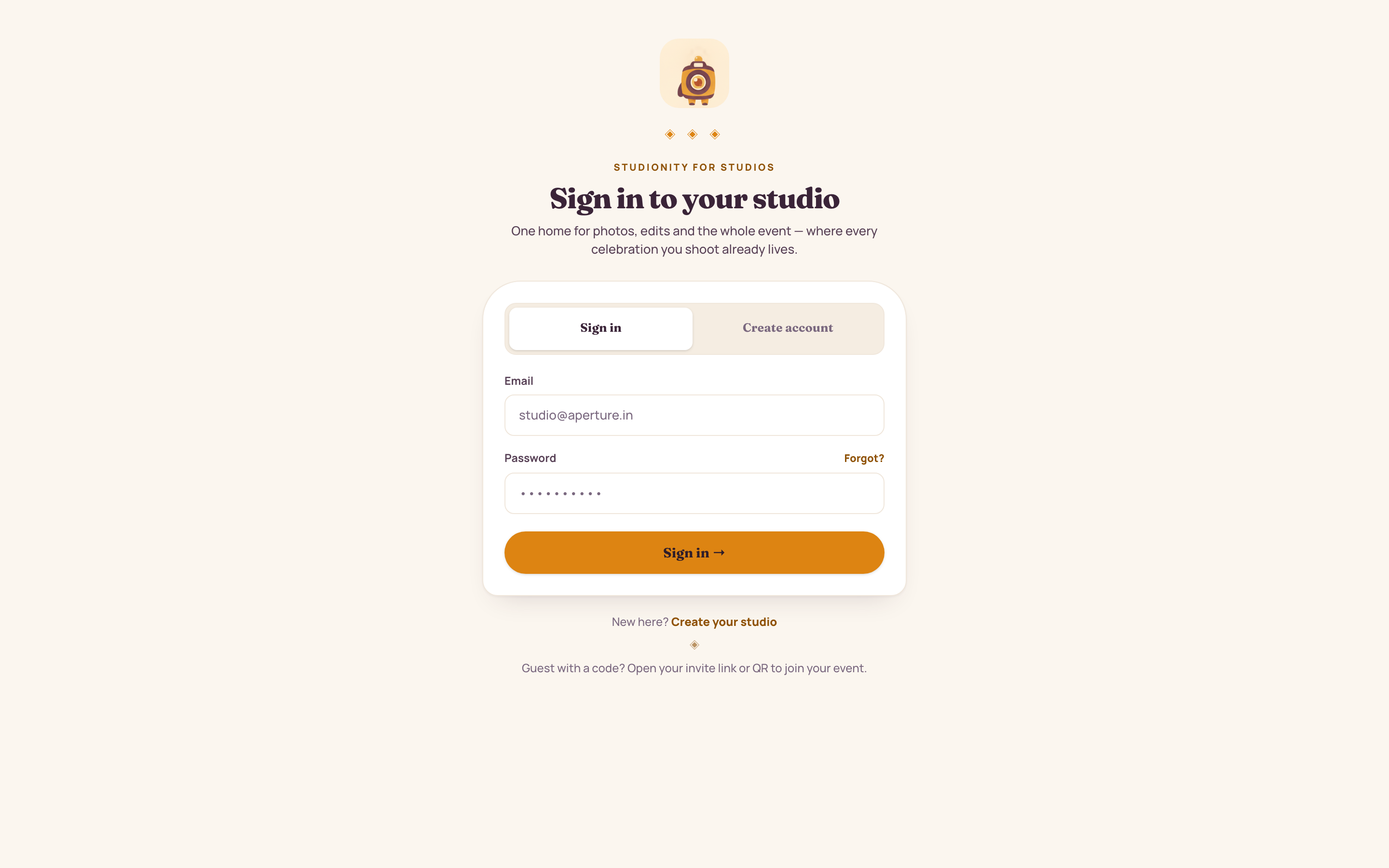 Studio sign-in screen for Studionity