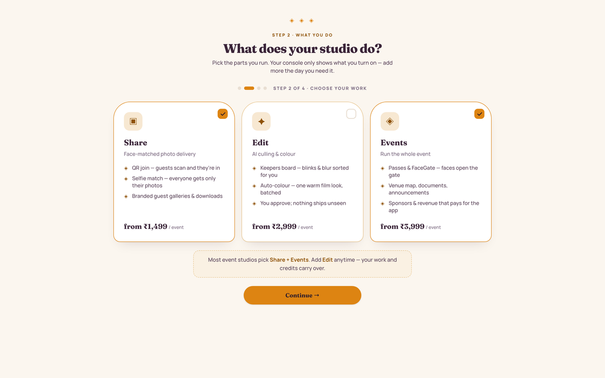 Studio onboarding step 2: what does your studio do? Share, Edit and Events persona picker with each plan's inclusions