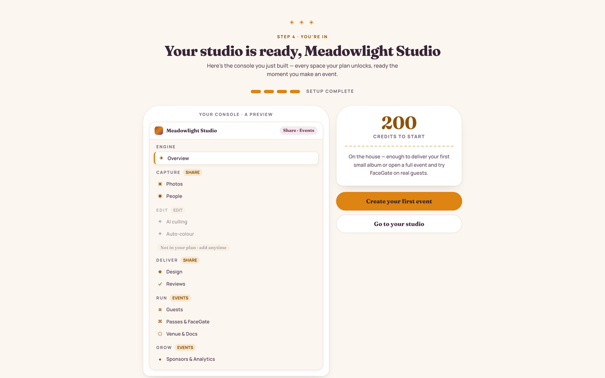 Studio onboarding step 4: your studio is ready confirmation, a preview of the console spaces the plan unlocks and 100 starting credits