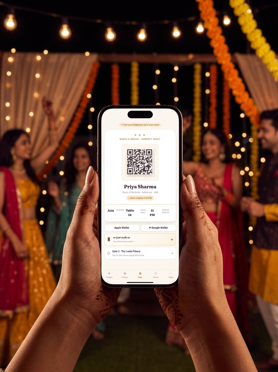 A guest's pass on their phone at the sangeet