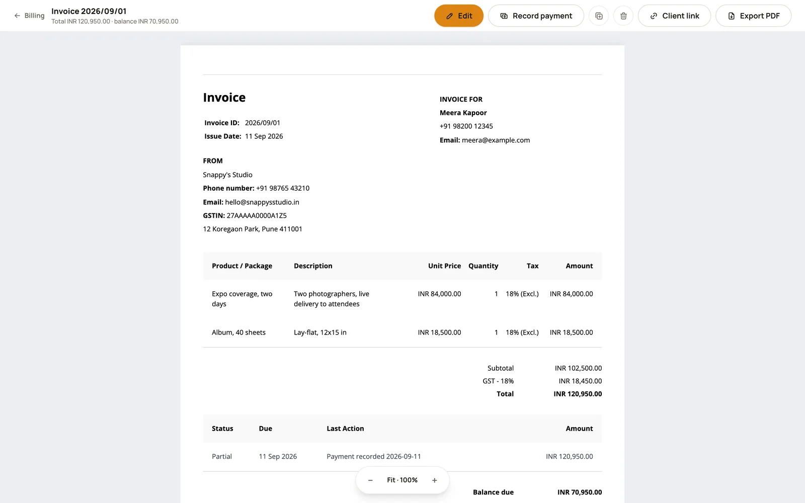 An invoice in Studionity Billing with line items, GST, a recorded payment and the balance due