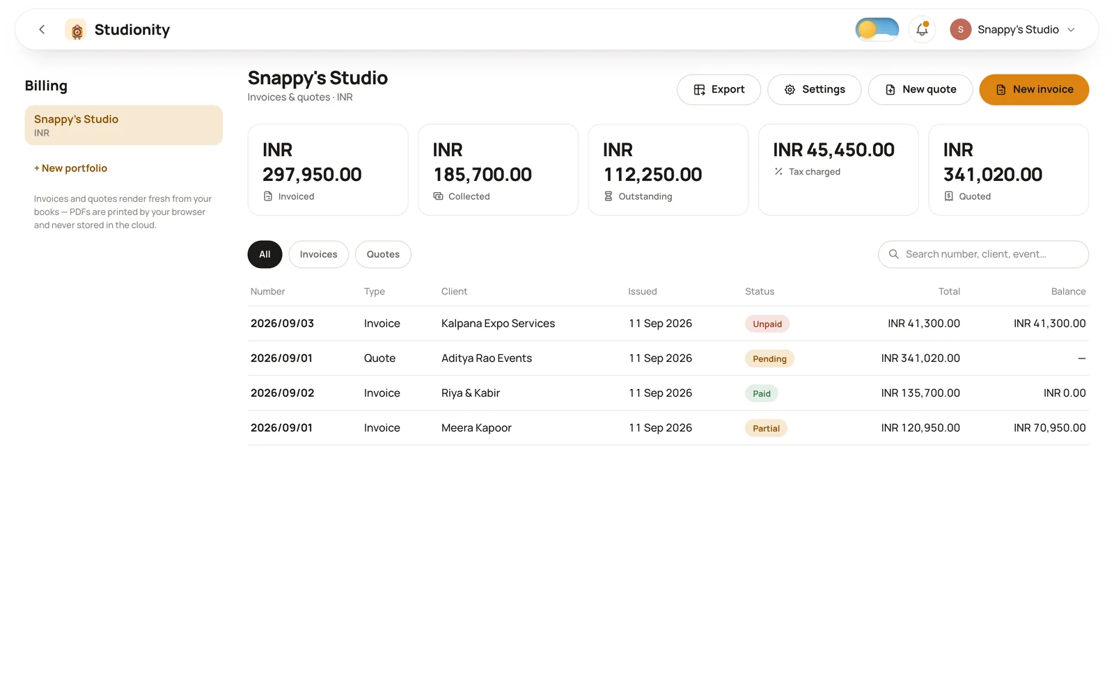 Studionity Billing: invoices and quotes with invoiced, collected, outstanding and tax totals