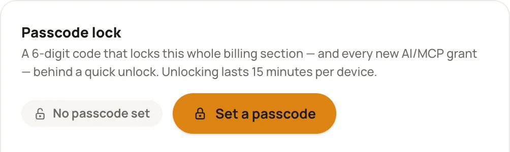 Passcode lock in Billing settings: a 6-digit code that locks the whole billing section and every new AI grant