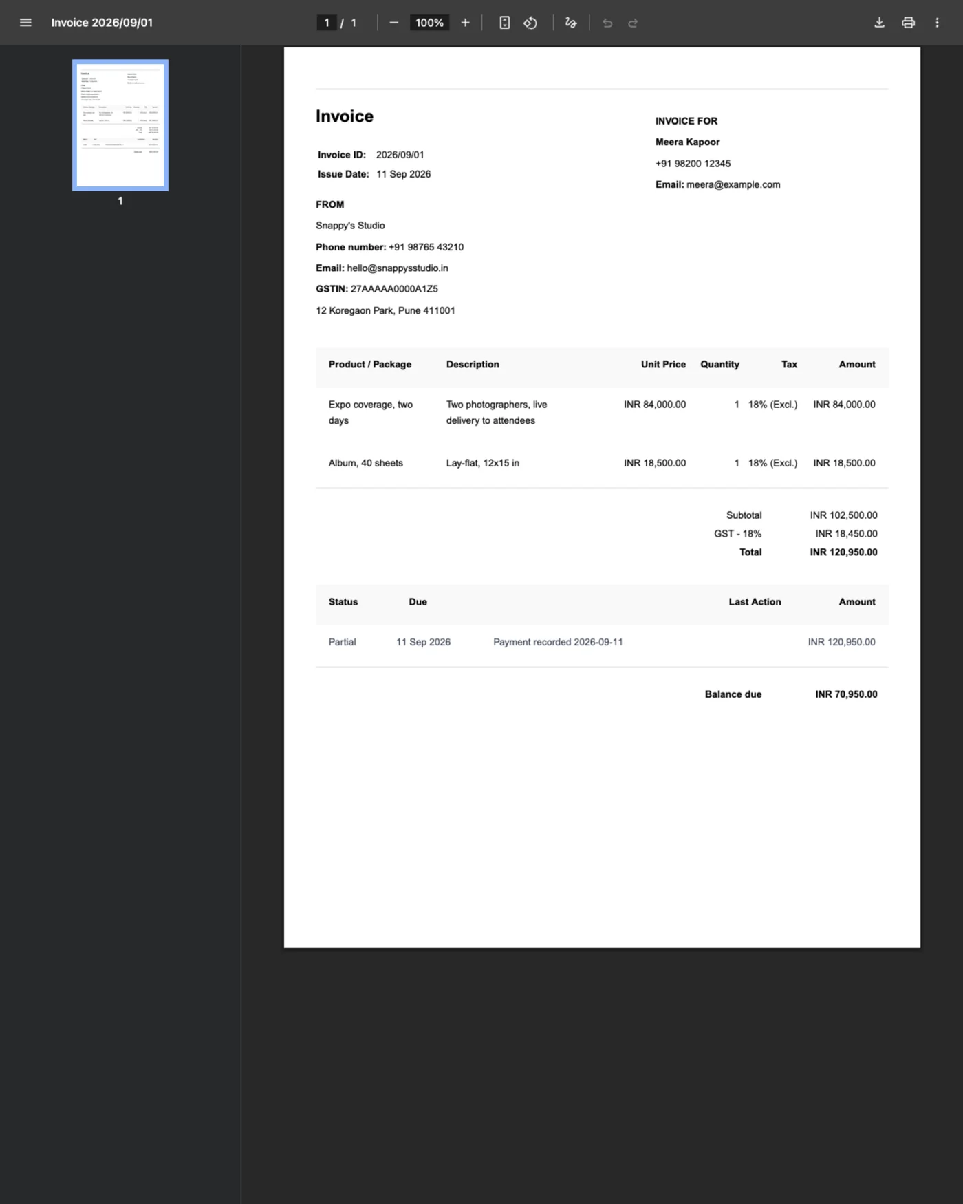 The client link opened in a browser: the invoice as a PDF