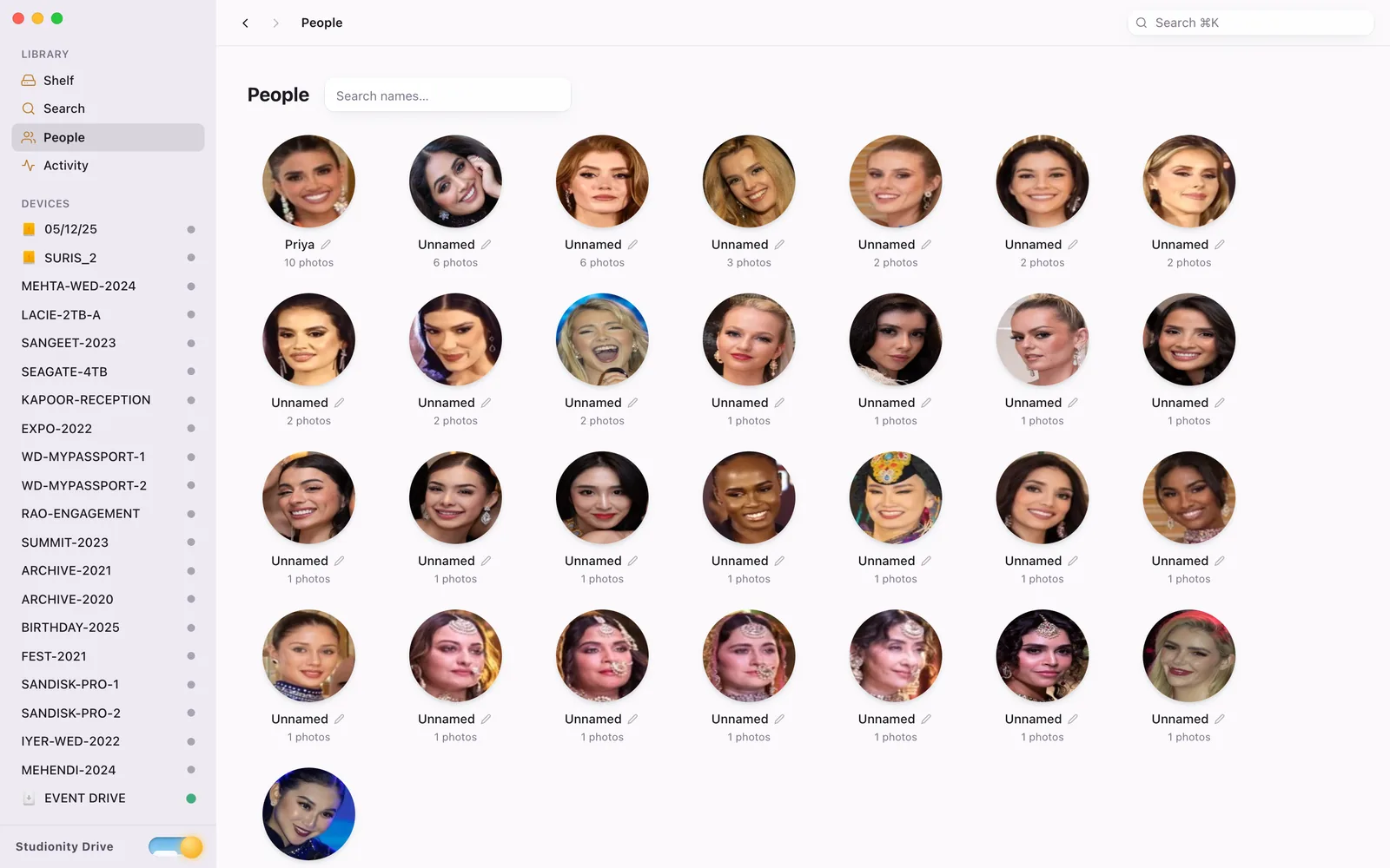 Studionity Drive people page: 2,196 people found by face across 45 hard drives