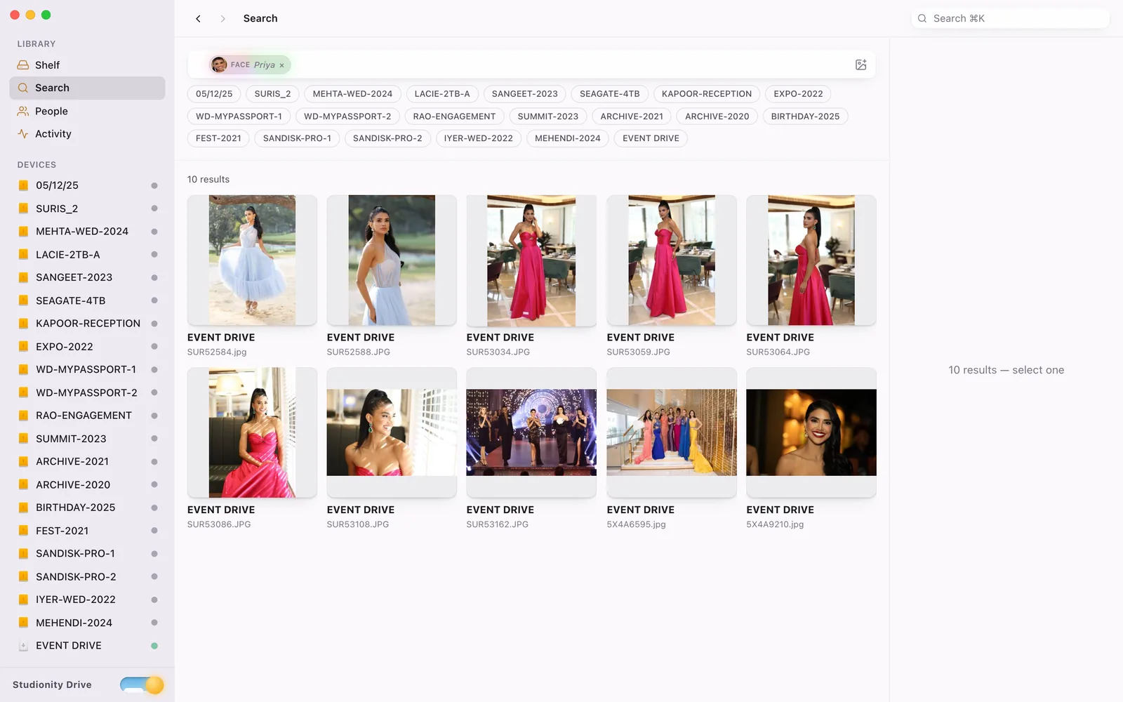 Studionity Drive search results: every photo of Priya across all indexed hard drives, each showing the drive it lives on