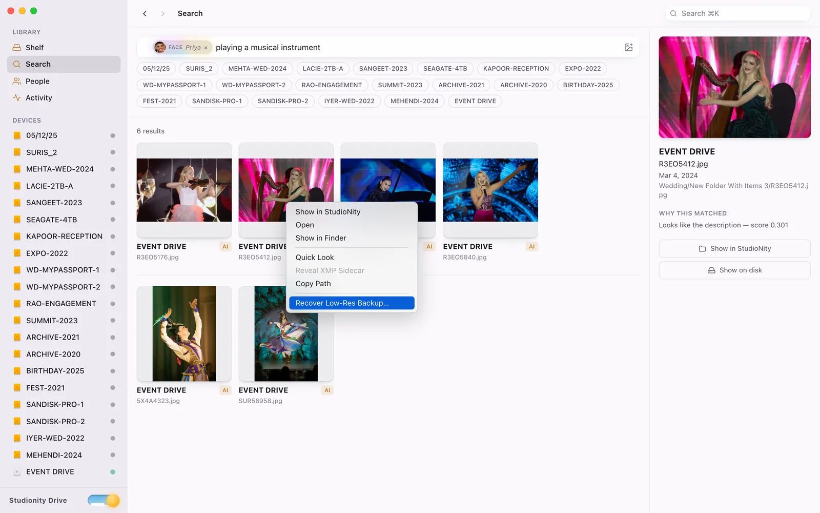 Studionity Drive recovering low-resolution previews from a lost hard drive straight from the search result