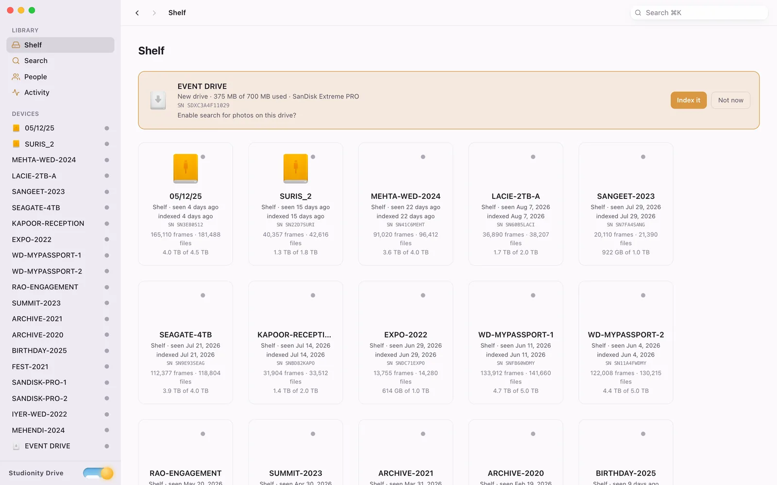 Studionity Drive shelf with every hard drive listed and searchable while most of them are disconnected