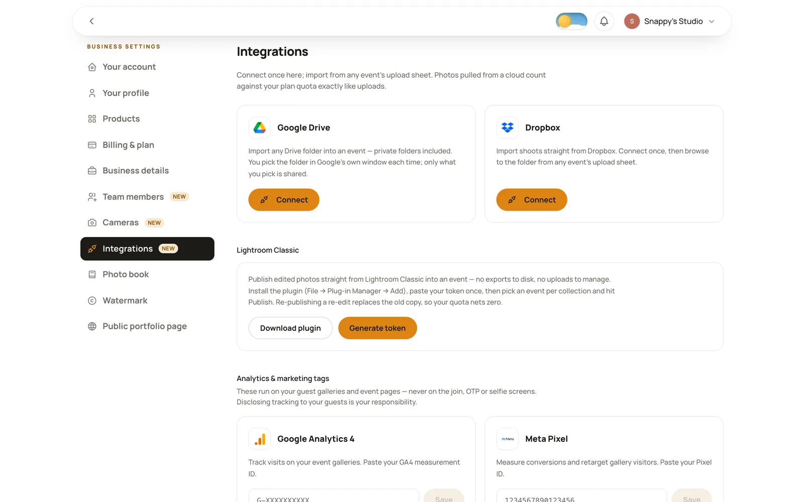 Studionity Photos integrations page with Google Drive and Dropbox connected for importing photos