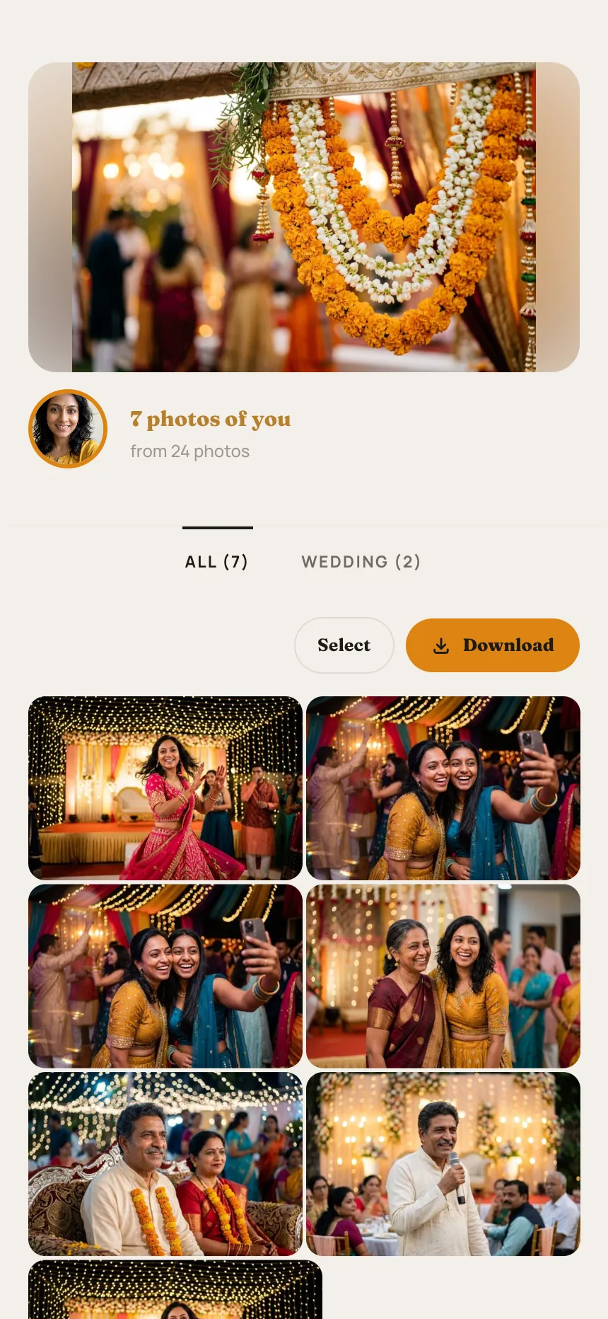 The guest's own online gallery: 7 photos of you found from 24 wedding photos, with select and download buttons