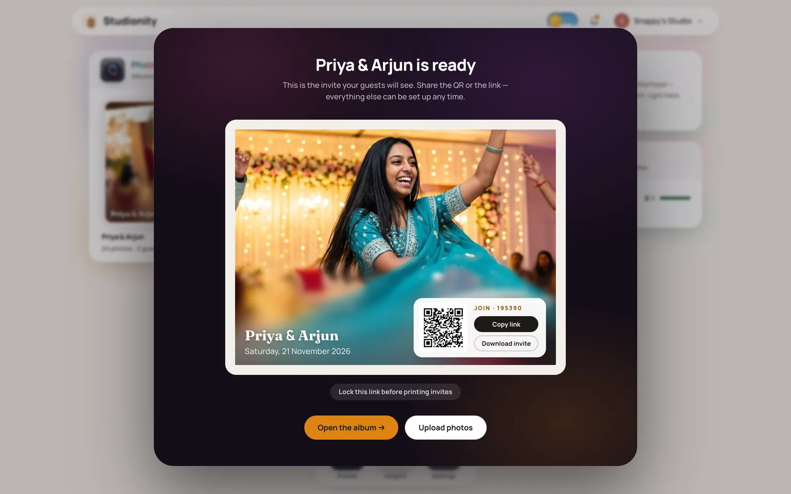 Studionity Photos album ready screen for Priya and Arjun's wedding with the QR code, join code and share link